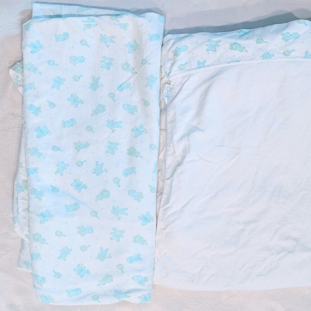 VTG 80s Carters Nursery Crib Sheet Set Fitted & Top Sheet Animals Music Cotton